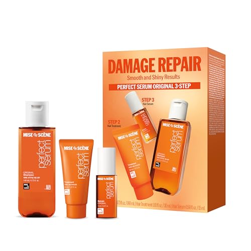 Mise En Scene Perfect Original Serum Hair Care Set | Travel Size Hair Products for Frizzy and Dry | Mini Hair Oil for Heat Protection | Damage Repair Shampoo & Treatment | Gift set for women (3 Count)