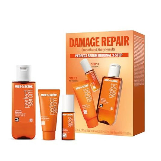 Mise En Scene Perfect Original Serum Hair Care Set | Travel Size Hair Products for Frizzy and Dry | Mini Hair Oil for Heat Protection | Damage Repair Shampoo & Treatment | Gift set for women (3 Count)