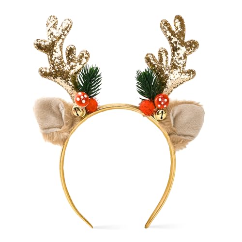 Ychelhr Gold Christmas Elk Antlers Headband - Glitter Xmas Hair Band for Girls & Women