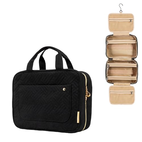 Carrywell Medium Black Toiletry Bag with Hanging Hook - Water-Resistant Makeup Organizer