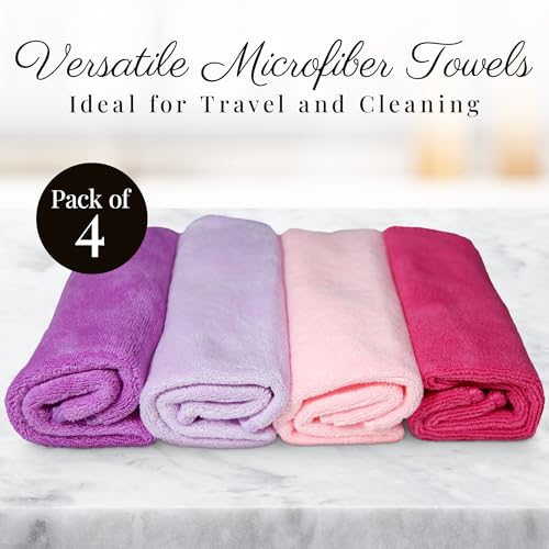 EcoSol Designs Microfiber Cleaning Towels - 4 Pack with Hanging Loops in Pink Dark, Pink Light, Purple & Lavender, 12x12 Inch