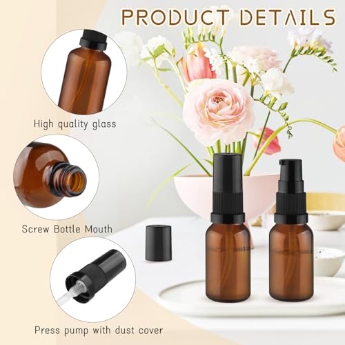 Wresty 10 Pack 0.5 Fl Oz Amber Glass Pump Bottles Refillable Cosmetic Dispensers