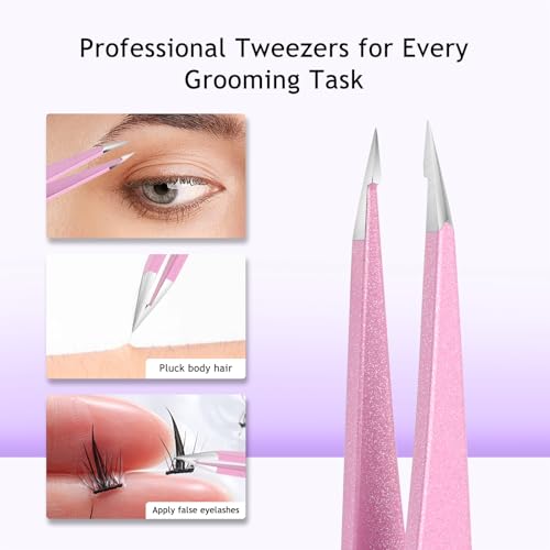 SHILING Fine Point Tweezers for Ingrown Hair & Facial Hair, 0.1mm Tip, Pink