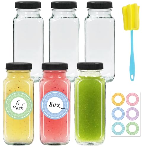 NEWMIAO 6-Pack 8 oz Reusable Glass Juice Bottles with Lids