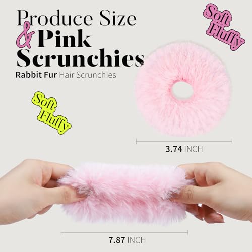 Pink Pom Pom Hair Ties - 4 Pack Furry Scrunchies for Girls & Women
