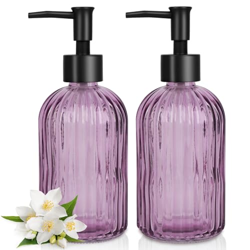 Topsky 2 Pack Purple Glass Soap Dispensers with Black Plastic Pump, 400ml Liquid Hand Soap Dispenser for Kitchen & Bathroom