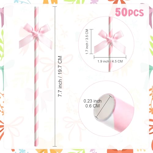 50 Pcs Pink Bow Straws - Disposable Paper Drinking Straws for Parties