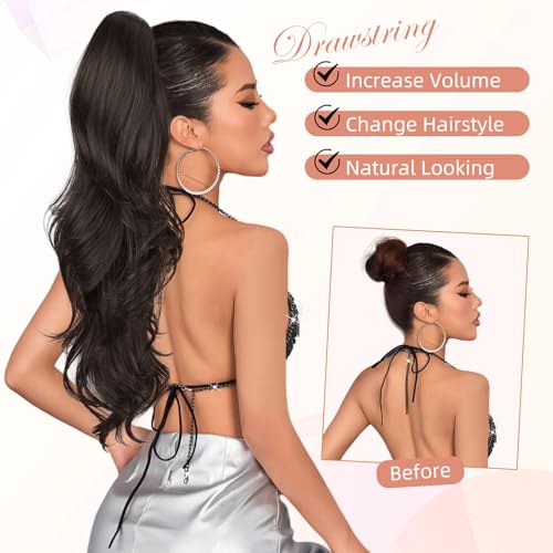 Red 26 Inch Drawstring Ponytail Extension - Long Wavy Hair for Women
