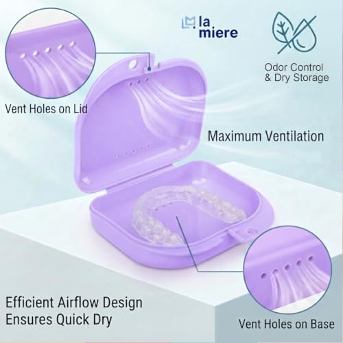 LA MIERE Purple Retainer Case with Vent Holes, Secure Snap Lock Denture Storage