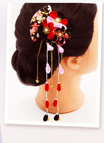 Japanese Floral Hair Clip - Black/Red Tsumami Kanzashi for Kimono