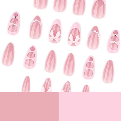 BSBTBZ 24Pcs Pink French Tip Press-On Nails with Pearls & Rhinestones, Medium Almond, Bow Style 2