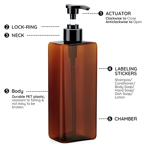 Segbeauty Dark Amber 4-Pack Shampoo & Conditioner Bottles - 16.9oz Refillable Dispensers with Labels