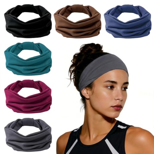 6 Pack Wide Non-Slip Headbands for Women - Gray, Burgundy, Green, Black, Brown, Navy