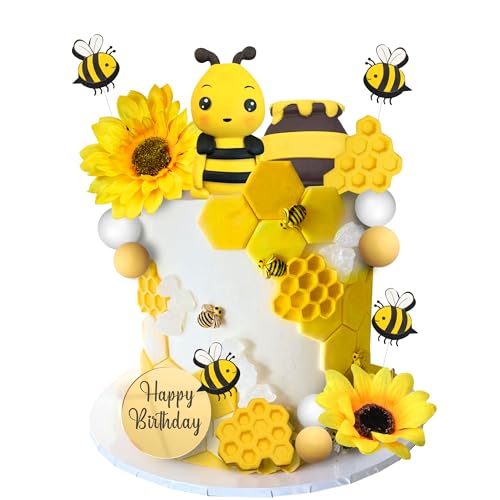 17 PCS Bee Cake Toppers Set for Honeycomb Birthday Party