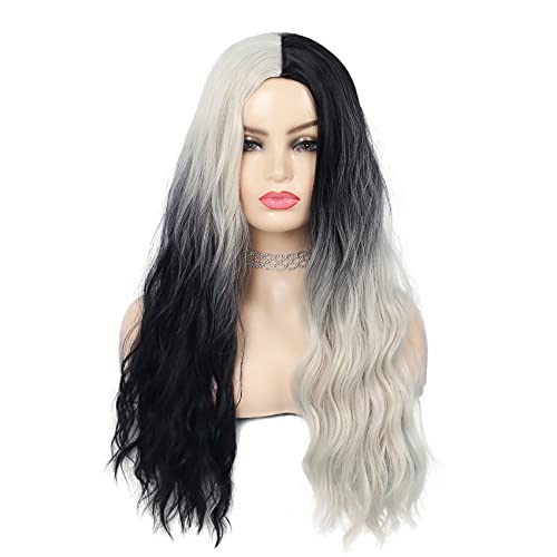 Swiking Half White Half Black Curly Wigs for Women - Long Wave Ombre Synthetic Hair, Party Cosplay