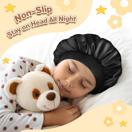 PIEMEET 3-Pack Kids Satin Sleep Bonnet, 11-Inch Adjustable Hair Care Cap