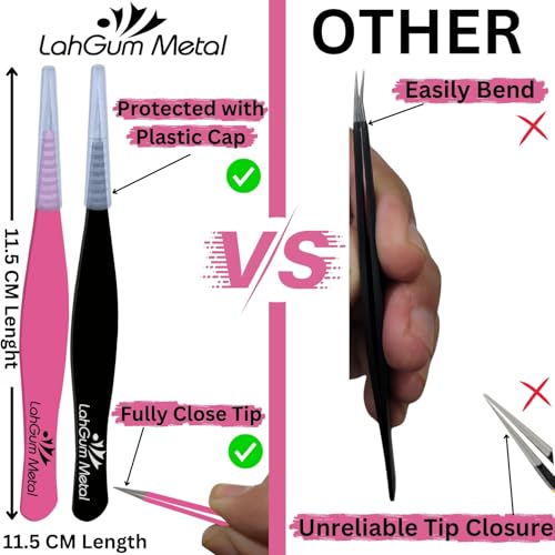 LahGum Metal Precision Needle Nose Tweezers 2-Piece Black & Pink for Ingrown Hair Removal