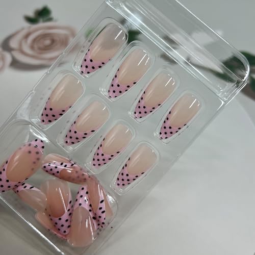 Nude Pink French Tip Polka Dot Press-On Nails - Medium Almond