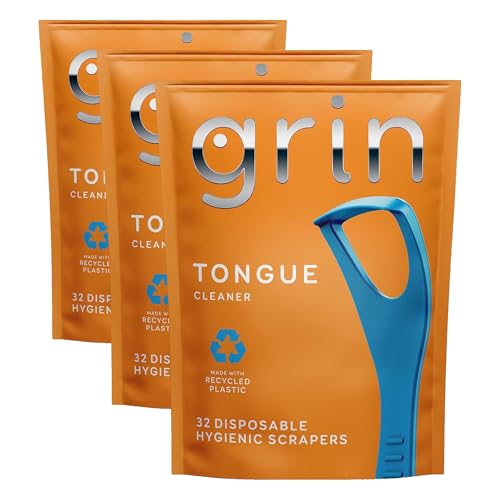 Grin Disposable Tongue Scrapers - 32 Count Pack of 3 for Fresh Breath