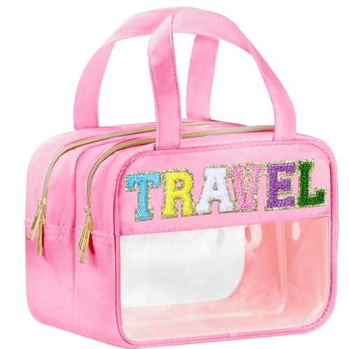 BuyCard Pink Chenille Letter Clear Travel Makeup Bag with Handles – Waterproof Nylon Toiletry Organizer, Spacious & Secure