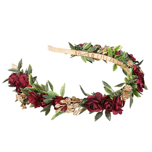 Red Rose Flower Headband - Artificial Fairy Elf Crown with Baby's Breath & Green Leaves