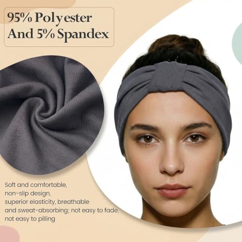 6 Pack Wide Non-Slip Headbands for Women - Gray, Burgundy, Green, Black, Brown, Navy