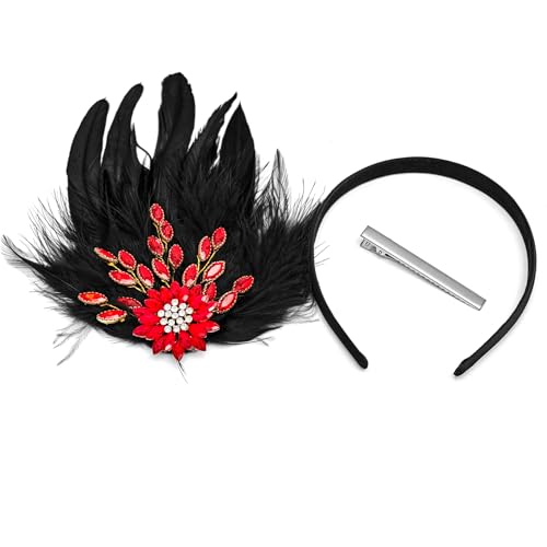 1920s Black Feather Fascinator with Red Crystal Flower for Formal Evening Events