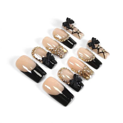 Medium Long Coffin Press on Nails Black French Gold Bow(M)