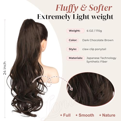 LONAI 24-Inch Curly Wavy Claw Clip Ponytail Extension - Dark Chocolate Brown