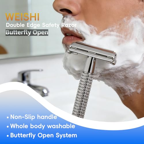 WEISHI Double Edge Safety Razor for Men and Women, Short Handle Twist-To-Open