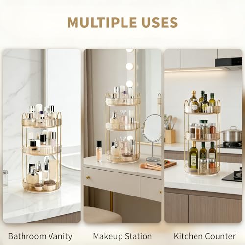 Cididu 360° Rotating Makeup Organizer with 3 Tiers, Large Capacity Cosmetic Storage Shelf