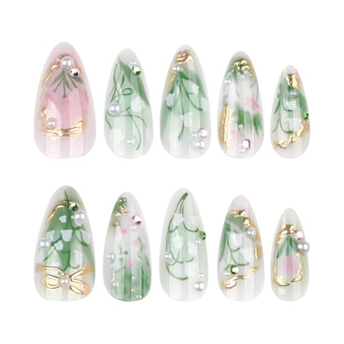 Green Almond Press-On Nails with 3D Pearl Rhinestones - 24 Pcs