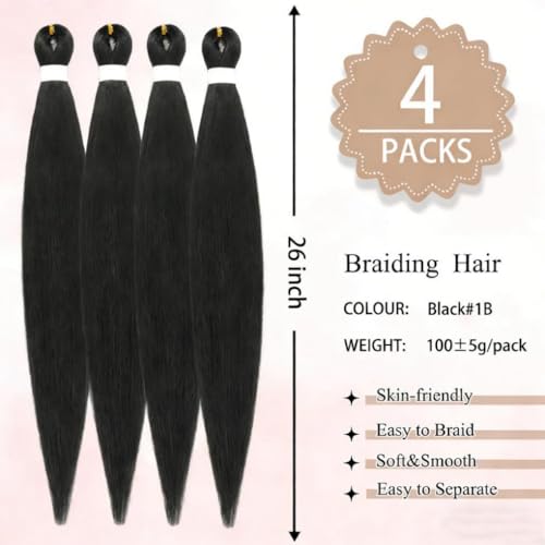 26 Inch Black Boho Braiding Hair Extensions Pre-Stretched & Curl for Boho Braid Styles (5 Packs)