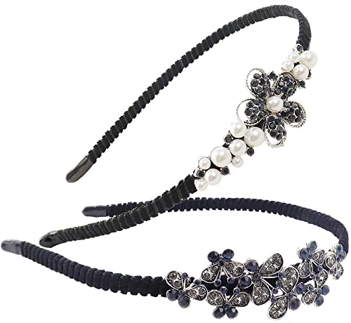 2 Pack Rhinestone Hair Accessories - Crystal Headbands & Pearl Flower Clips for Women