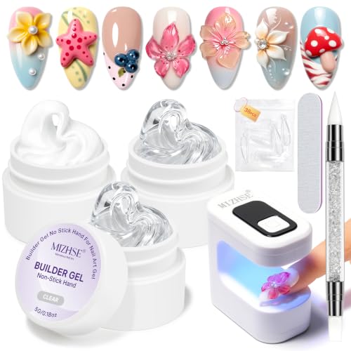 MIZHSE 3D Gel Nail Art Sculpting Kit with Clear, White & Lamp - Professional DIY Manicure Set