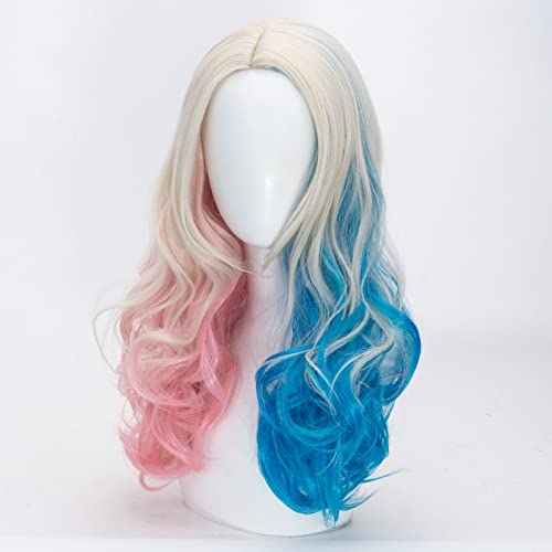 FALAMKA Long Curly Blonde Wig with Blue and Pink Highlights for Cosplay