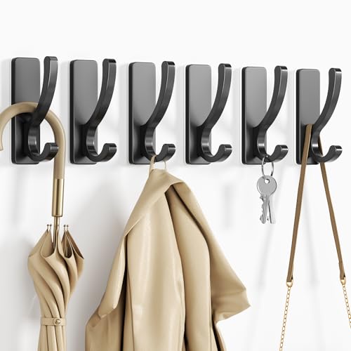 Heavy Duty Adhesive Wall Hooks - 13LB Capacity, Black - 6 Pack
