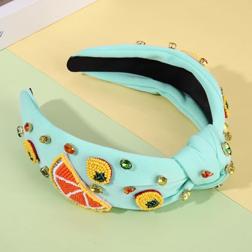 Mokkia Summer Headband for Women - Beaded Flower & Palm Leaf, Lemon A