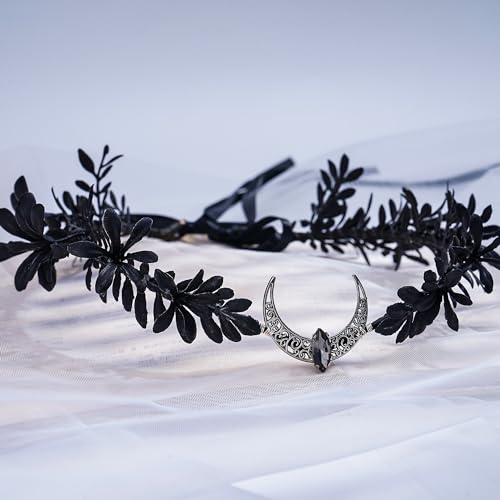MOSTORY Handmade Black Moon Flower Crown - Gothic Elf Headpiece