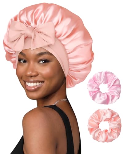 Reversible Satin Bonnet for Sleeping Women - 2PCS Hair Scrunchies & Apricot Powder + Champagne