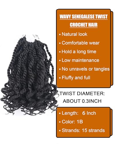 Aeagoo 6 Inch Wavy Senegalese Twist Crochet Braids - 8 Packs, Color 1B