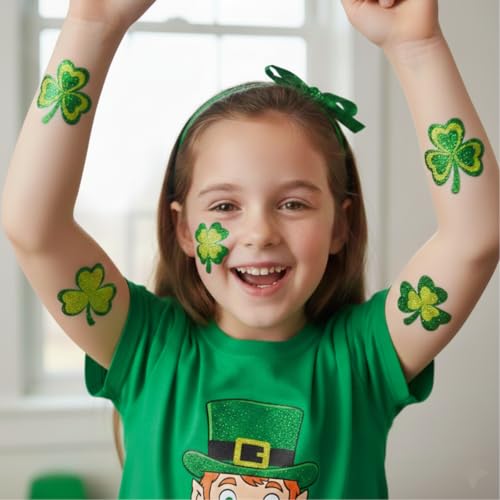 St. Patrick’s Day Glitter Shamrock Temporary Tattoos - Pack of 50, Non-Toxic Irish Party Favors