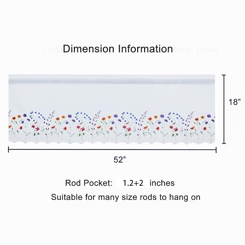 Siykkay Floral Embroidery Curtain Valance - White 52x18 inch