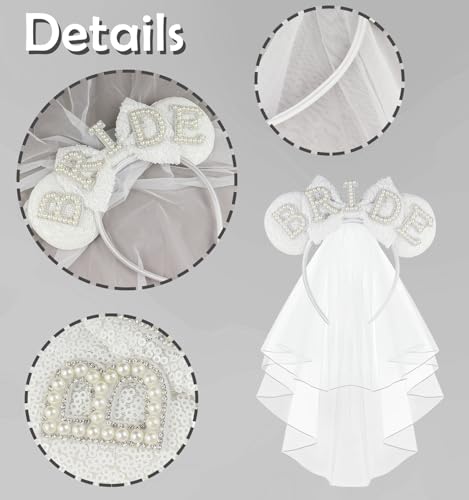 Pearl Bride Mouse Ear Headband with Veil - Wedding & Bachelorette
