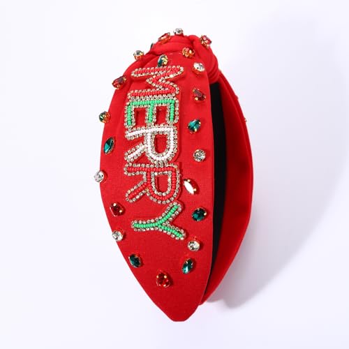 NVENF Plaid Christmas Headband with Pearls and Rhinestones, Red