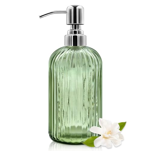 18 Oz Glass Soap Dispenser with Stainless Steel Pump - Modern Ribbed Design