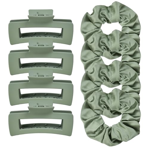Botanical Green Tones Hair Clips & Satin Scrunchies Set - 8 Pcs for Women