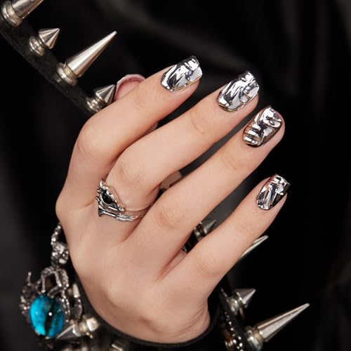 VSALON Short Square Press-On Nails C2-Iron Women Silver Metallic Chrome 3D