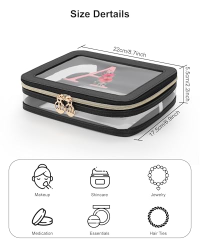 Relavel Medium Personalized Initial Clear Makeup Bag Waterproof Travel Toiletry Organizer - Black