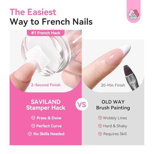 Saviland French Tip Nail Stamp: 4PCS Nail Art Stamper Kit Clear Silicone Nails Stamping Long & Short Jelly Stamper with Scrapers Nails Stamper Kit for French Manicure Home DIY Salon
